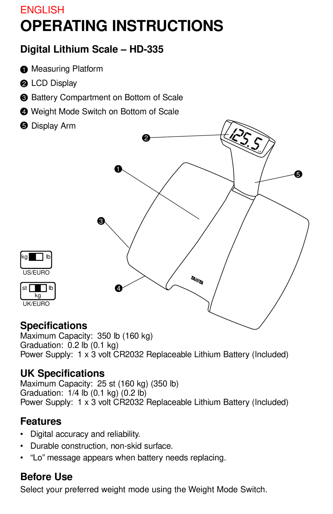 Tanita HD-335 operating instructions Operating Instructions 