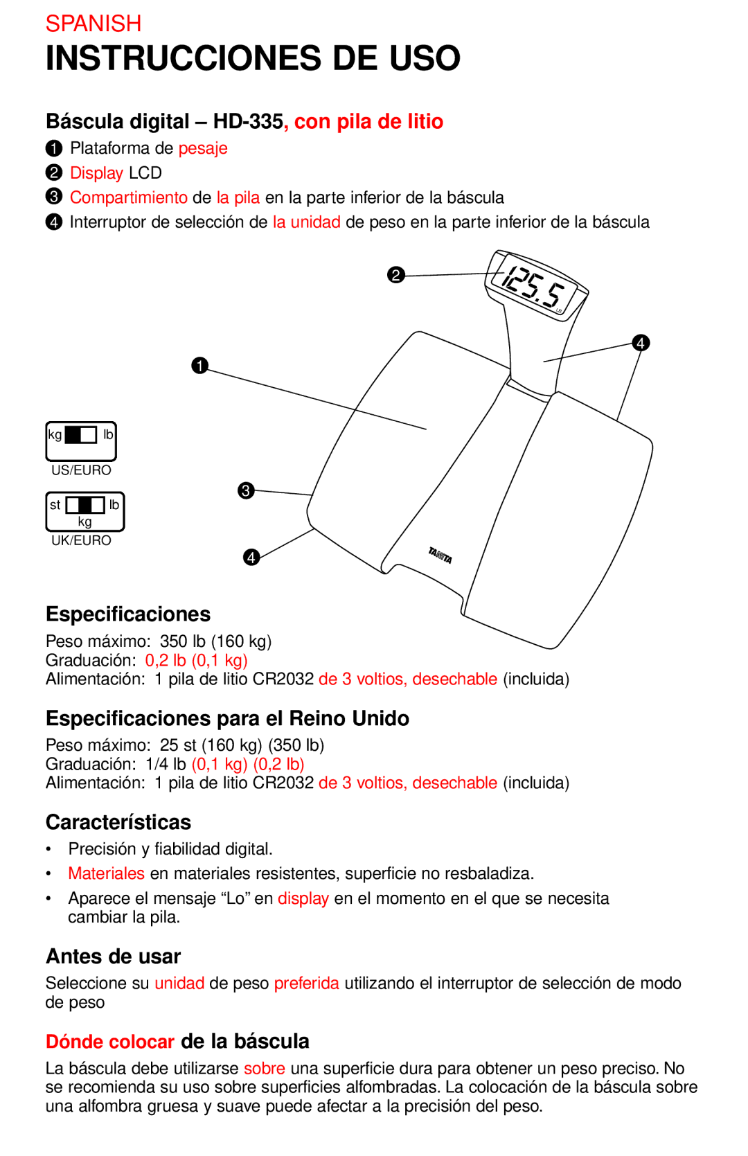 Tanita HD-335 operating instructions Instrucciones DE USO 