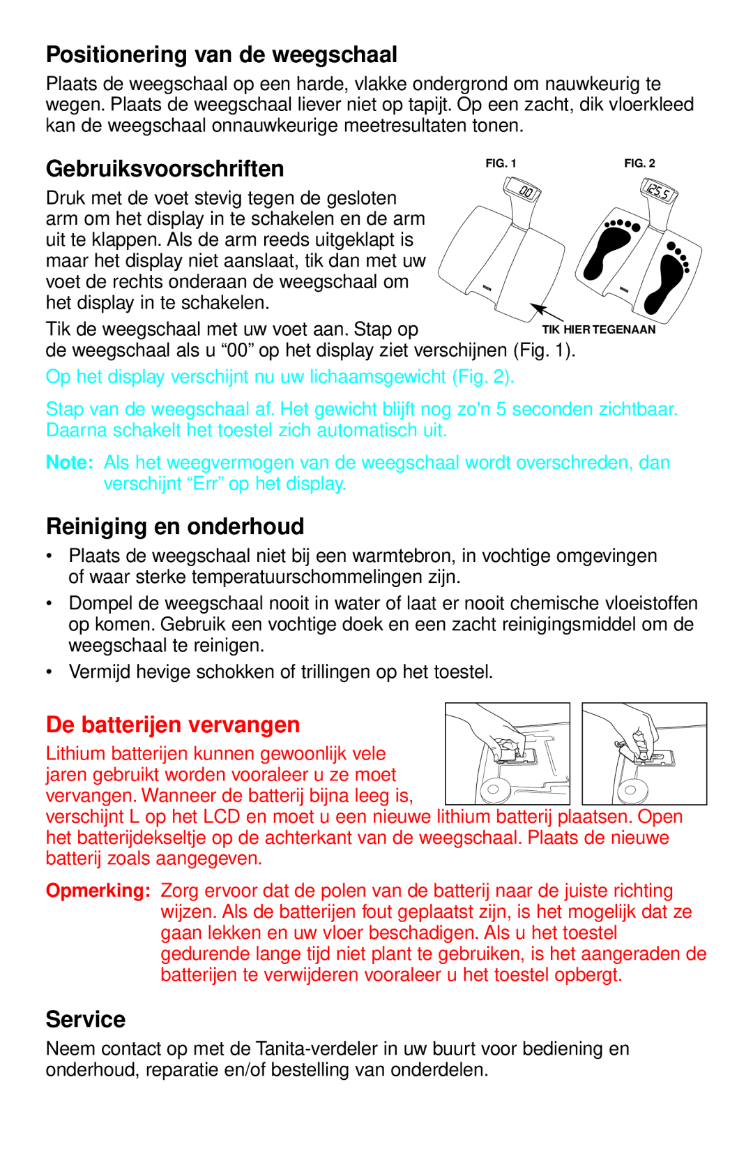 Tanita HD-335 Positionering van de weegschaal, Gebruiksvoorschriften, Reiniging en onderhoud, Service 