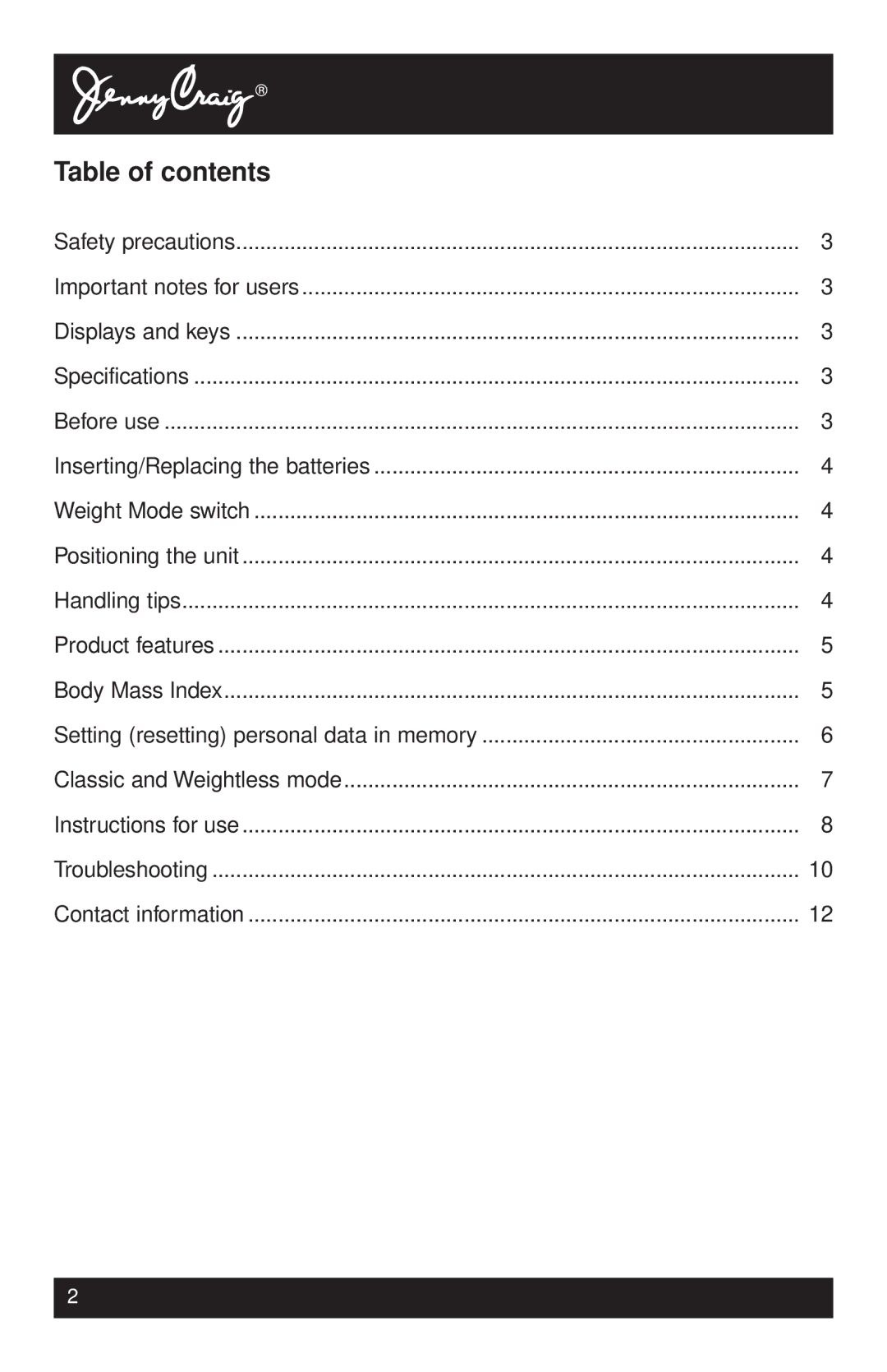 Tanita HD-338 instruction manual Table of contents 