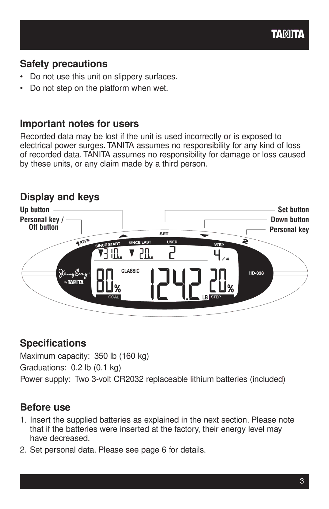 Tanita HD-338 Safety precautions, Important notes for users, Display and keys, Specifications, Before use 