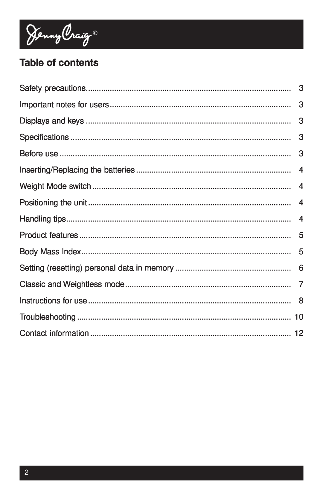Tanita HD-338 instruction manual Table of contents 