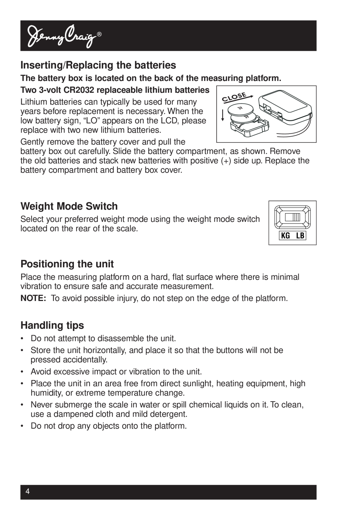 Tanita HD-338 instruction manual Inserting/Replacing the batteries, Weight Mode Switch, Positioning the unit, Handling tips 
