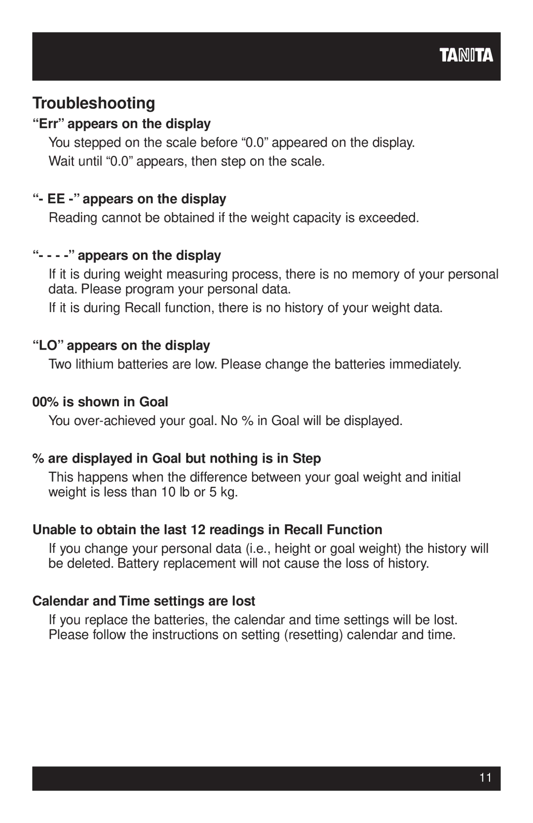 Tanita HD-339 instruction manual Troubleshooting 