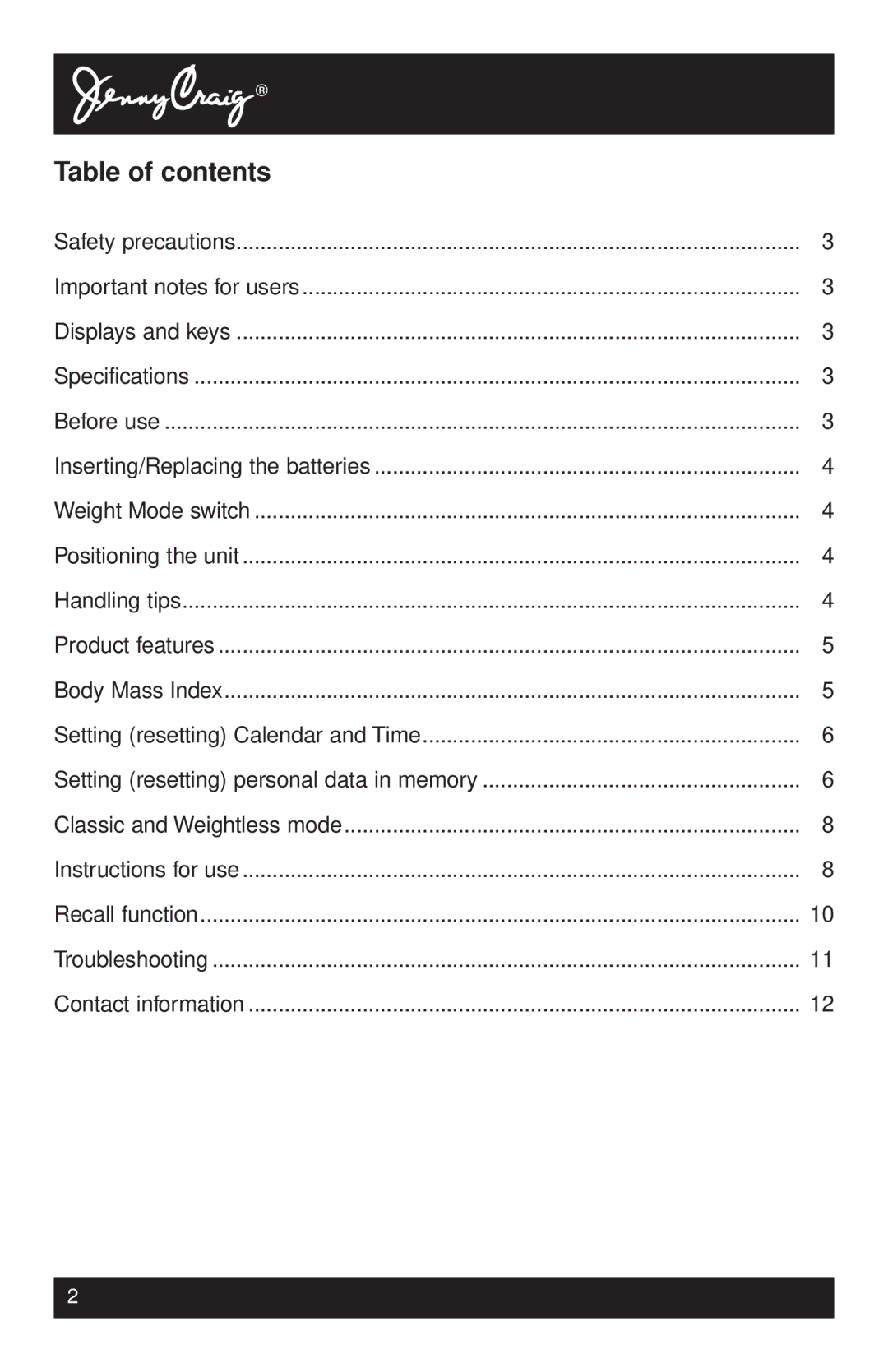 Tanita HD-339 instruction manual Table of contents 