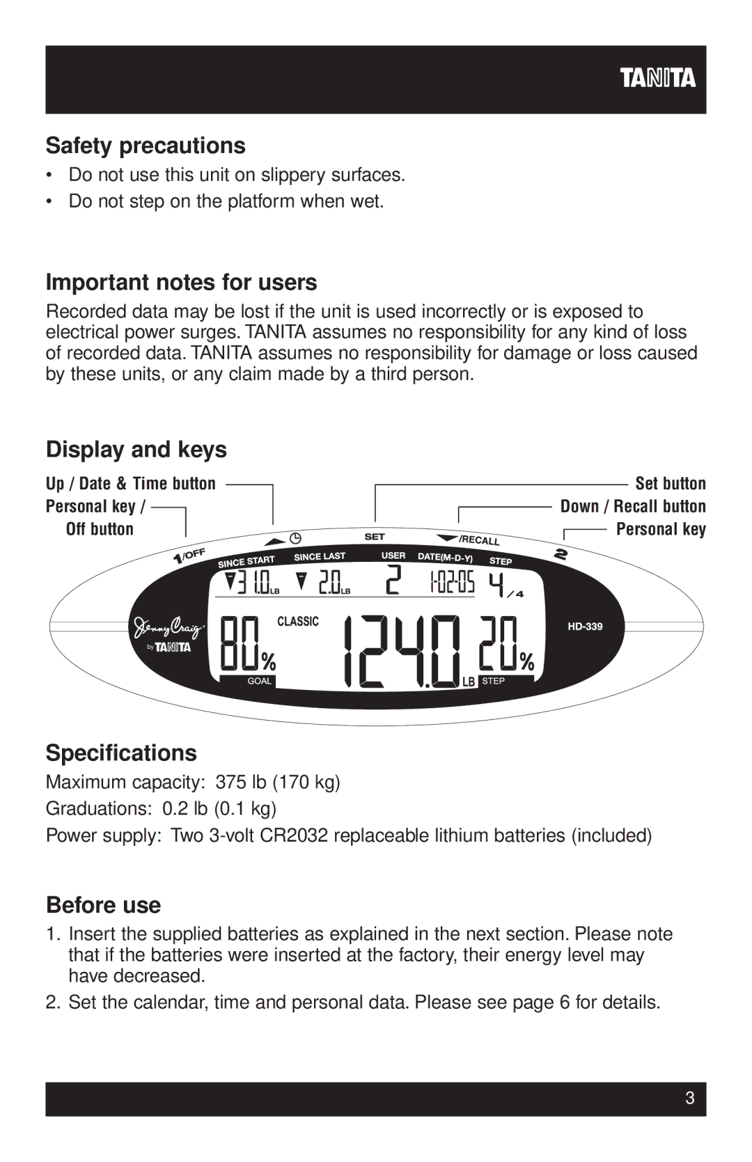 Tanita HD-339 Safety precautions, Important notes for users, Display and keys, Specifications, Before use 