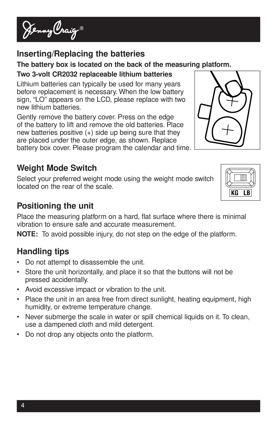 Tanita HD-339 instruction manual Inserting/Replacing the batteries, Weight Mode Switch, Positioning the unit, Handling tips 