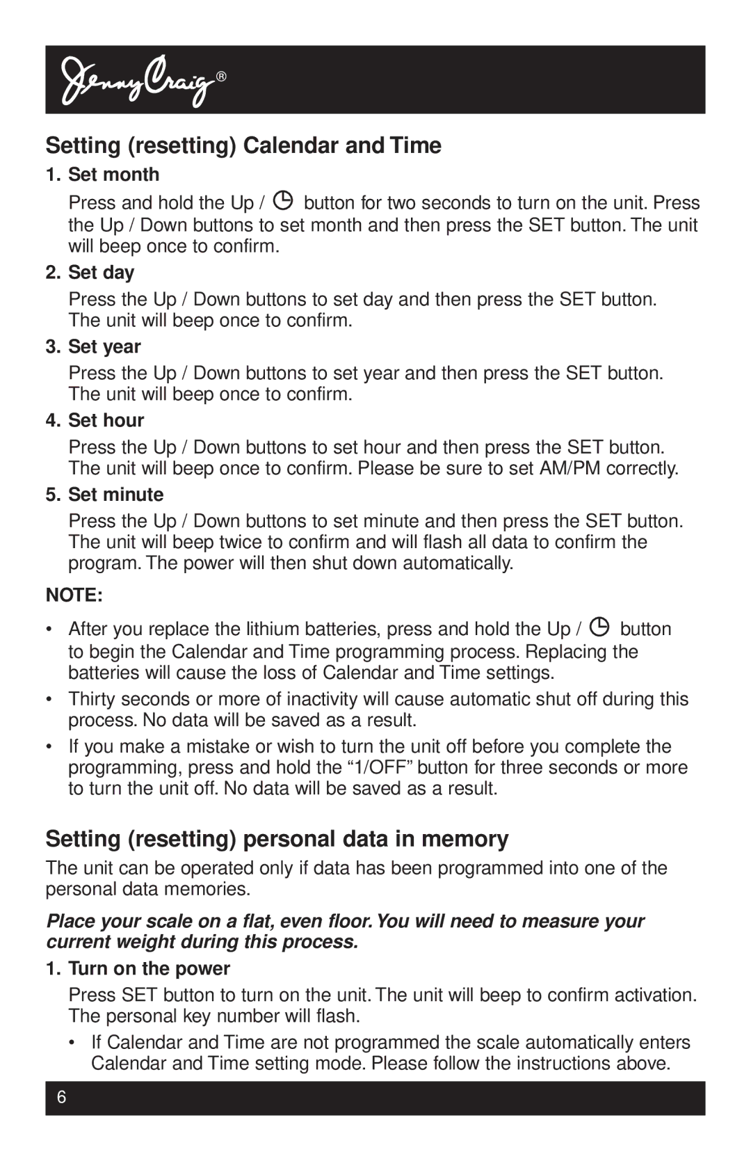 Tanita HD-339 instruction manual Setting resetting Calendar and Time, Setting resetting personal data in memory 