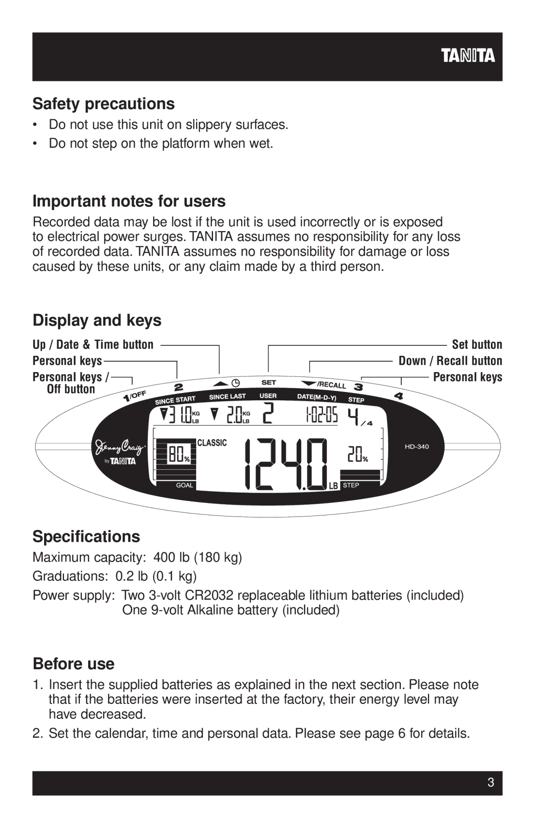 Tanita HD-340 Safety precautions, Important notes for users, Display and keys, Specifications, Before use 