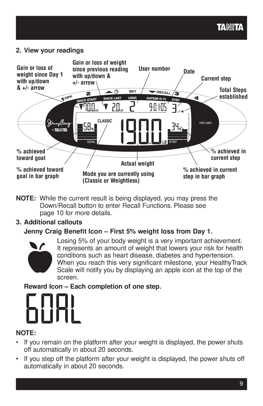 Tanita HD-340 instruction manual View your readings, Reward Icon Each completion of one step 