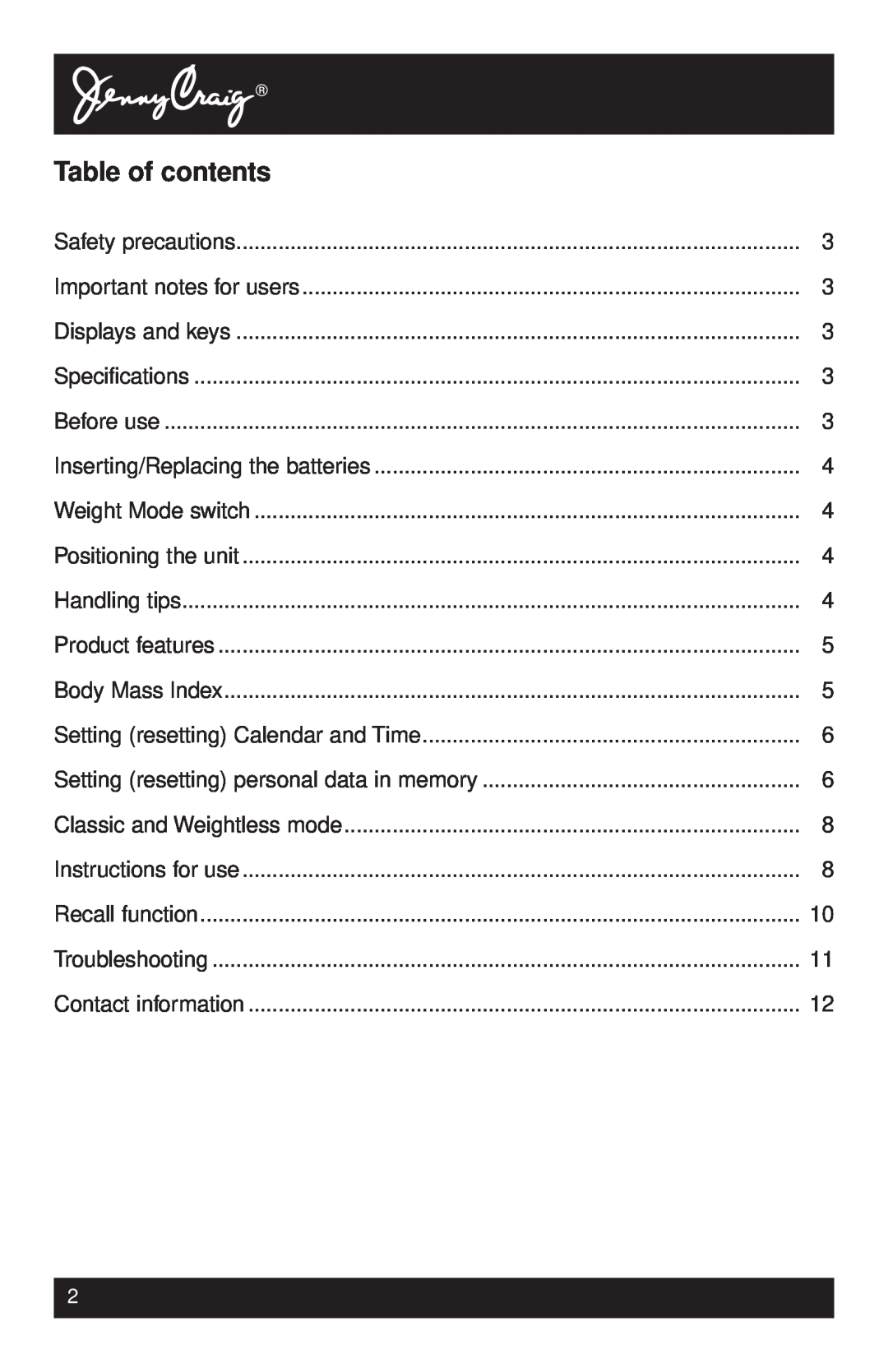 Tanita HD-340 instruction manual Table of contents 