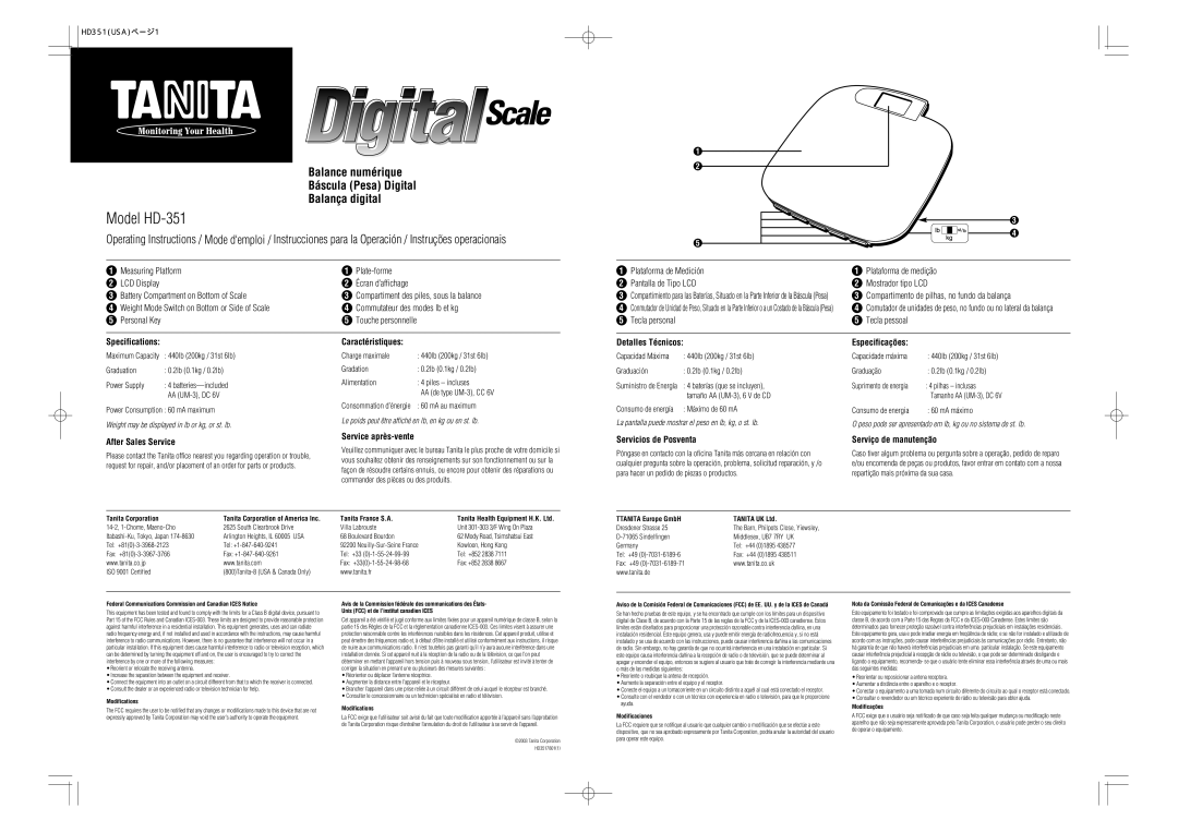 Tanita HD-351 operating instructions Specifications Caractéristiques Detalles Técnicos 