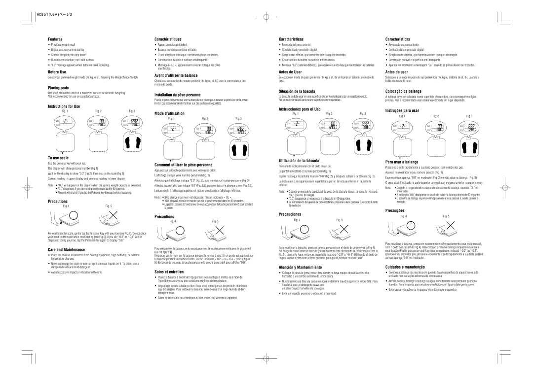 Tanita HD-351 Features, Before Use, Placing scale Caractéristiques, Avant d’utiliser la balance, Características 