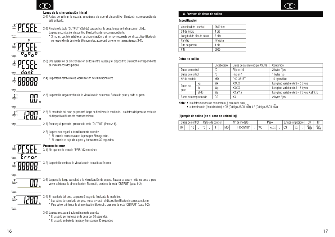 Tanita HD-351BT Luego de la sincronización inicial, Proceso de error, Formato de datos de salida Especificación 