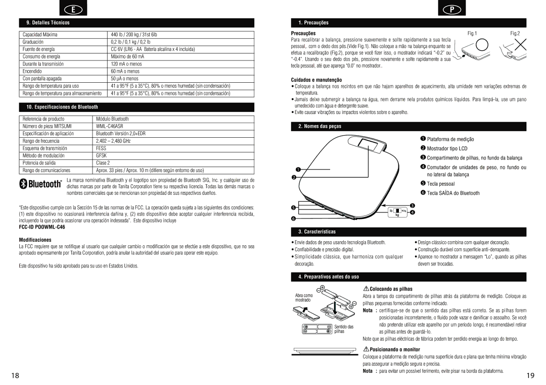 Tanita HD-351BT instruction manual Detalles Técnicos, Precauções, Nomes das peças, Preparativos antes do uso 