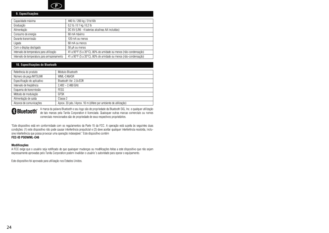 Tanita HD-351BT instruction manual Especificações, Método de modulação, Alimentação de saída, Modificações 