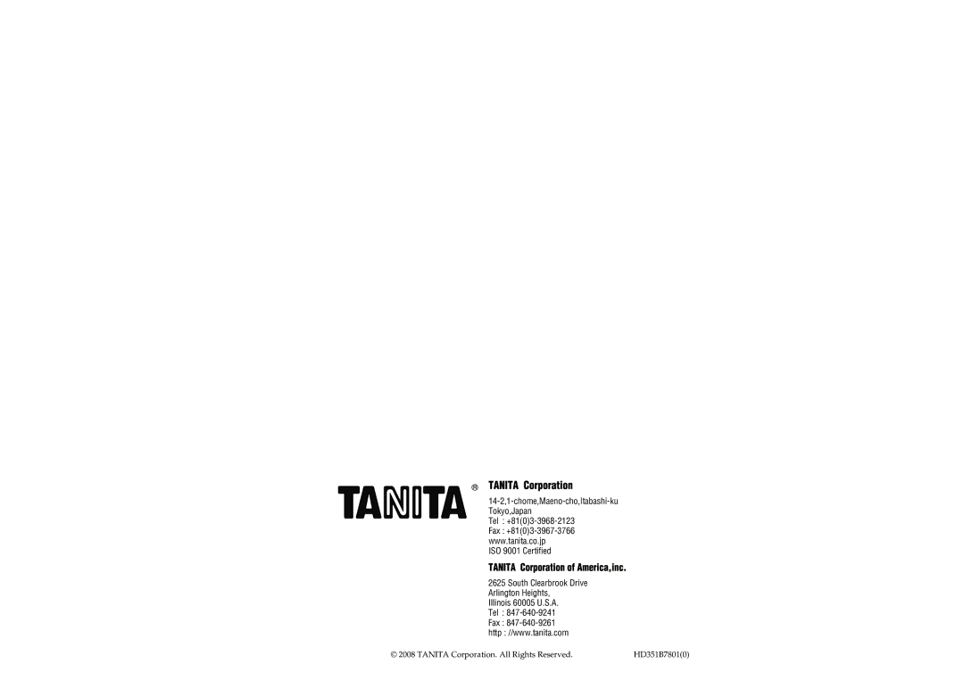 Tanita HD-351BT instruction manual 14-2,1-chome,Maeno-cho,Itabashi-ku Tokyo,Japan 