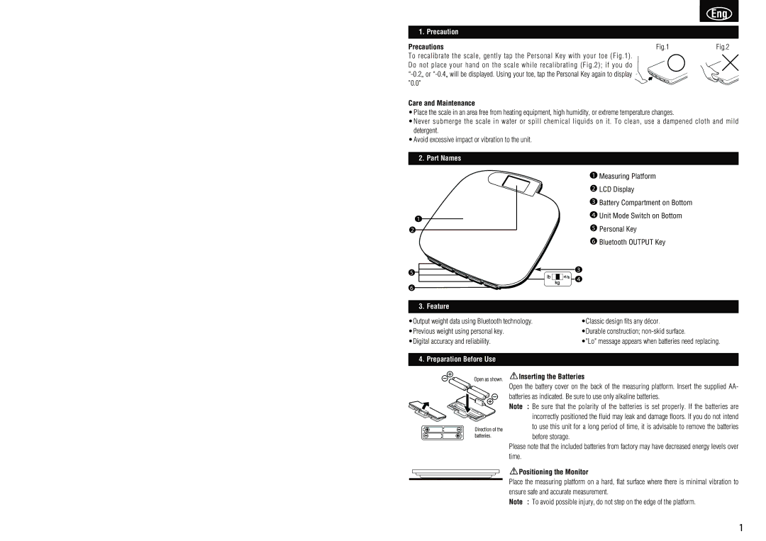 Tanita HD-351BT instruction manual Precaution, Part Names, Feature, Preparation Before Use 