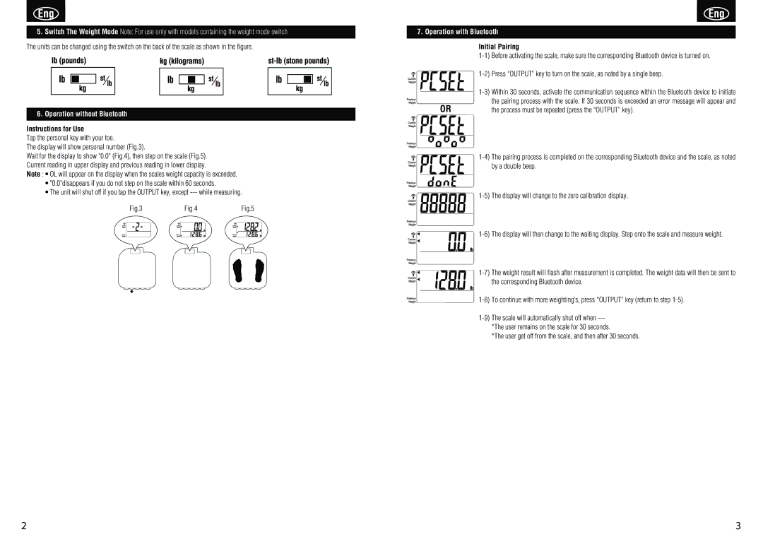 Tanita HD-351BT Operation without Bluetooth, Instructions for Use, Operation with Bluetooth, Initial Pairing 