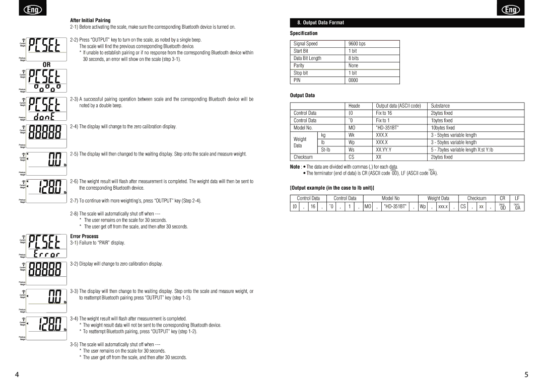 Tanita HD-351BT instruction manual After Initial Pairing, Error Process, Output Data Format Specification 