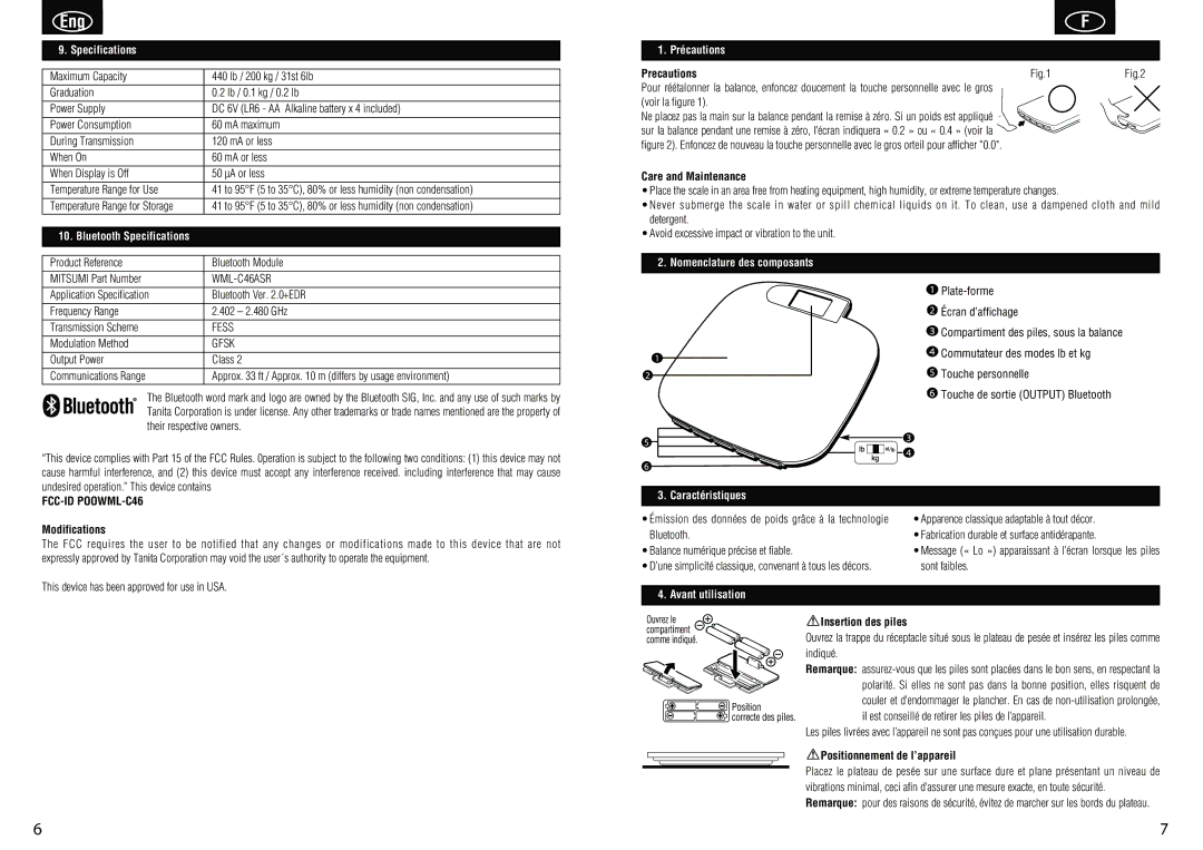 Tanita HD-351BT Specifications, Précautions, Nomenclature des composants, Caractéristiques, Avant utilisation 