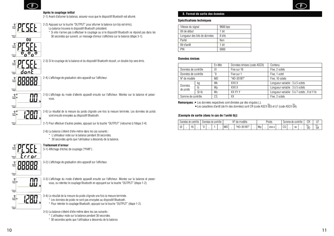 Tanita HD-351BT instruction manual Après le couplage initial, Traitement d’erreur, Données émises 