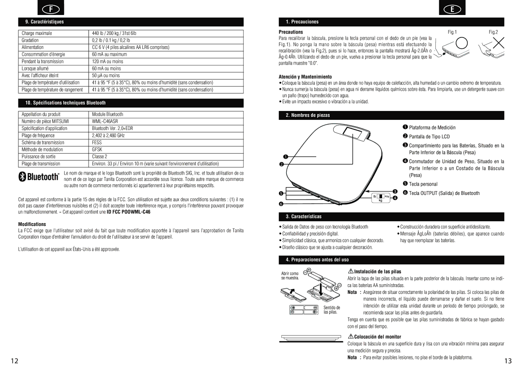 Tanita HD-351BT 10. Spécifications techniques Bluetooth, Precauciones, Nombres de piezas, Características 