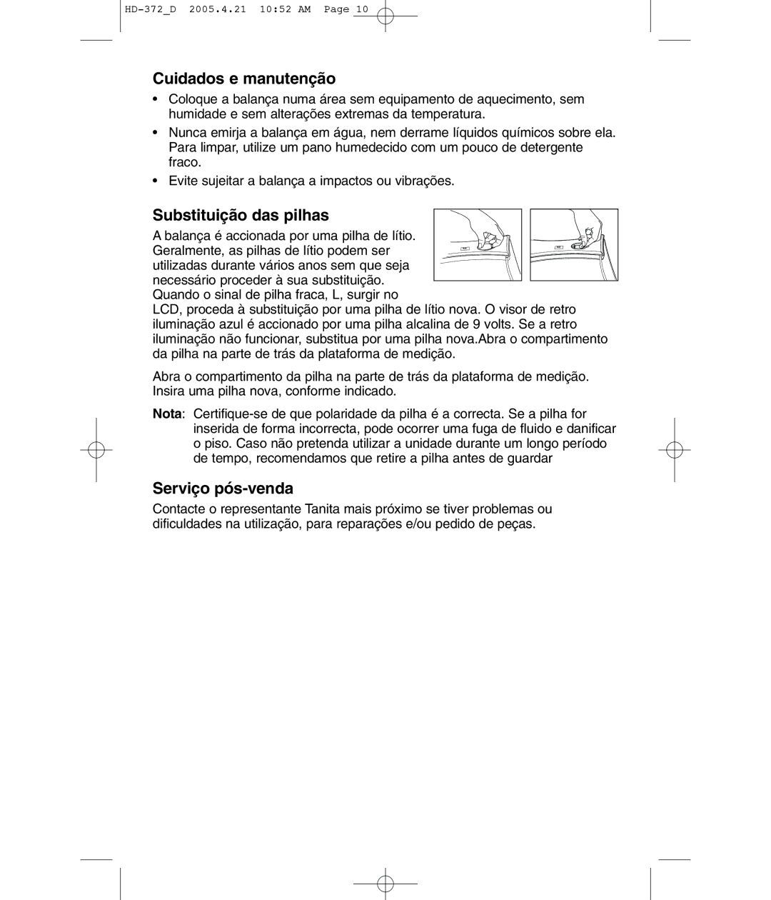 Tanita HD-372F operating instructions Cuidados e manutenção, Substituição das pilhas, Serviço pós-venda 