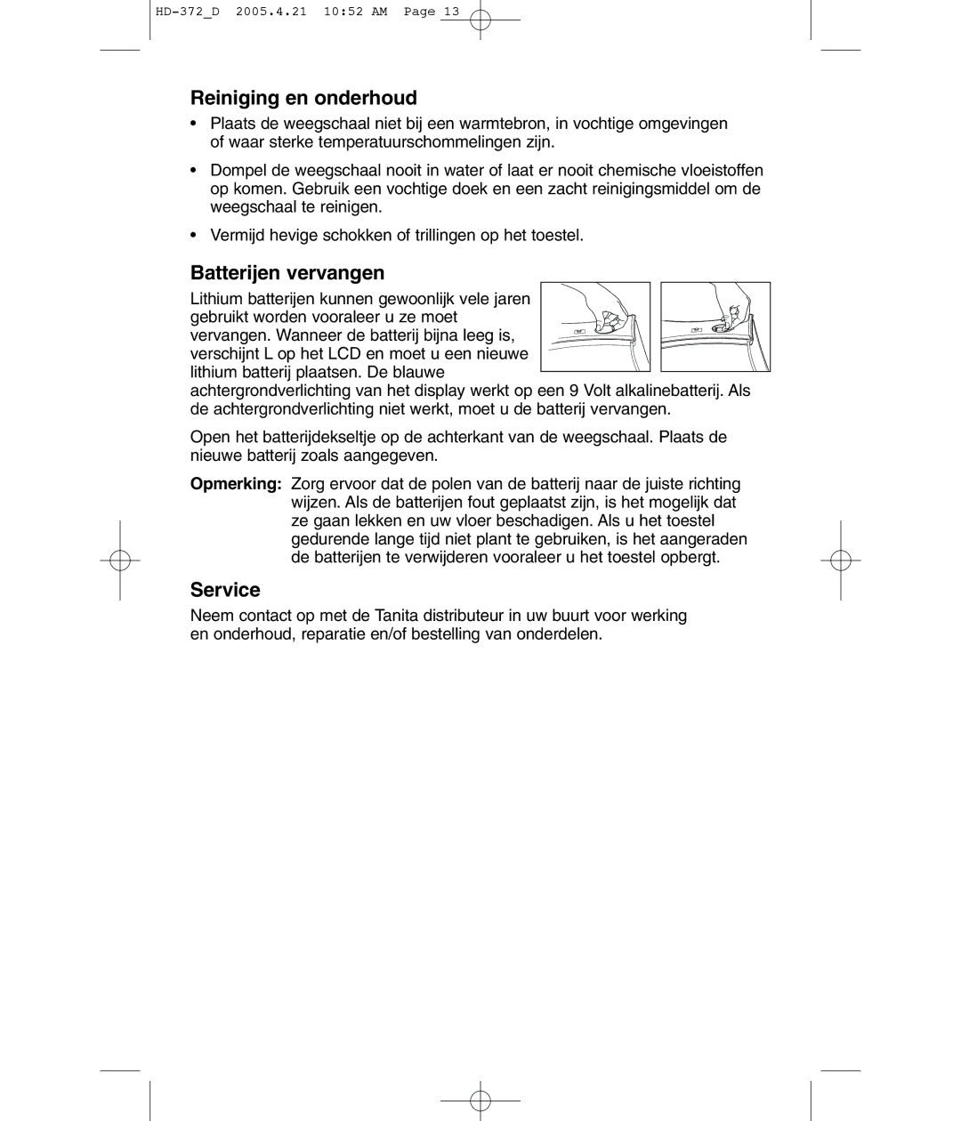 Tanita HD-372F operating instructions Reiniging en onderhoud, Batterijen vervangen, Service 