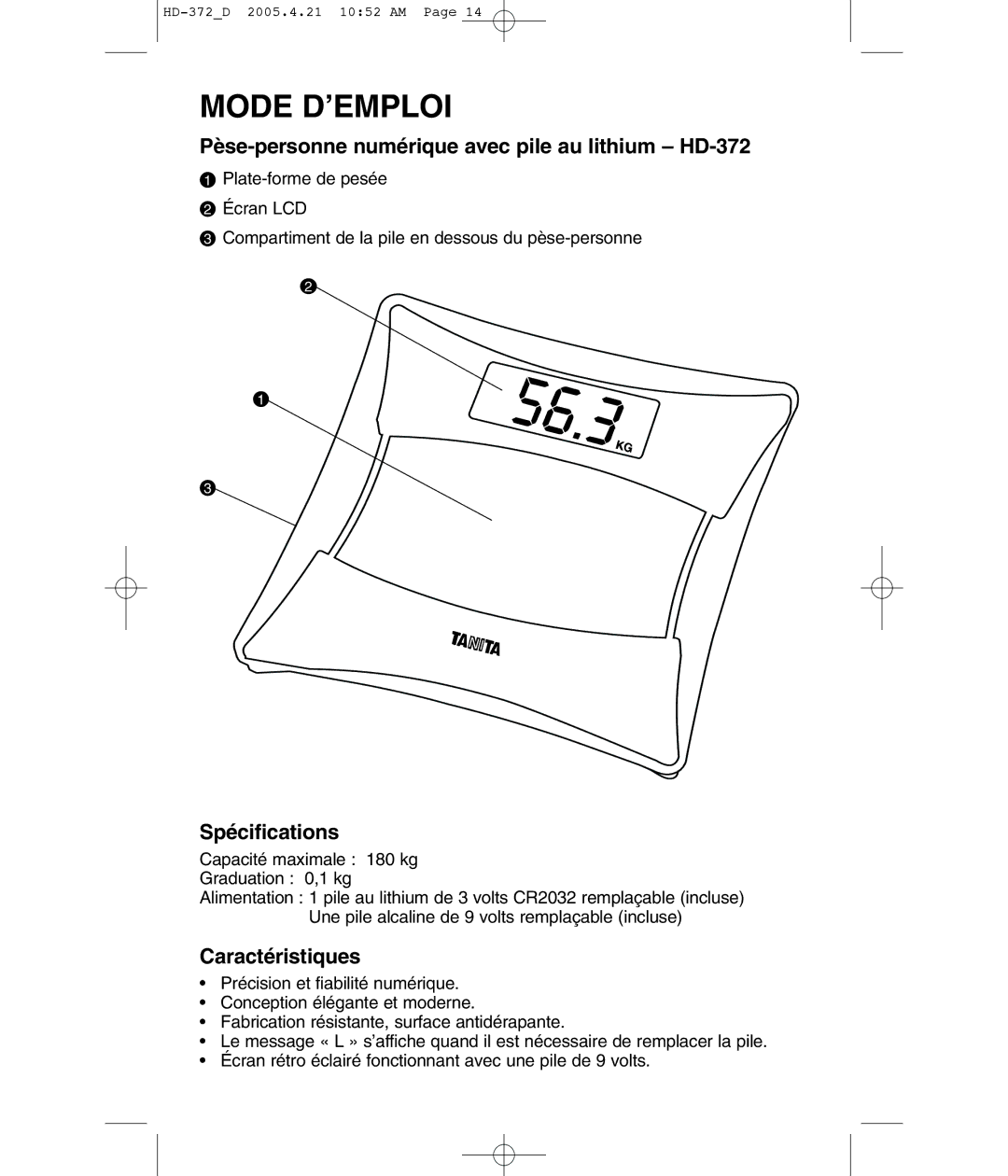 Tanita HD-372F Mode D’EMPLOI, Pèse-personne numérique avec pile au lithium HD-372, Spécifications, Caractéristiques 