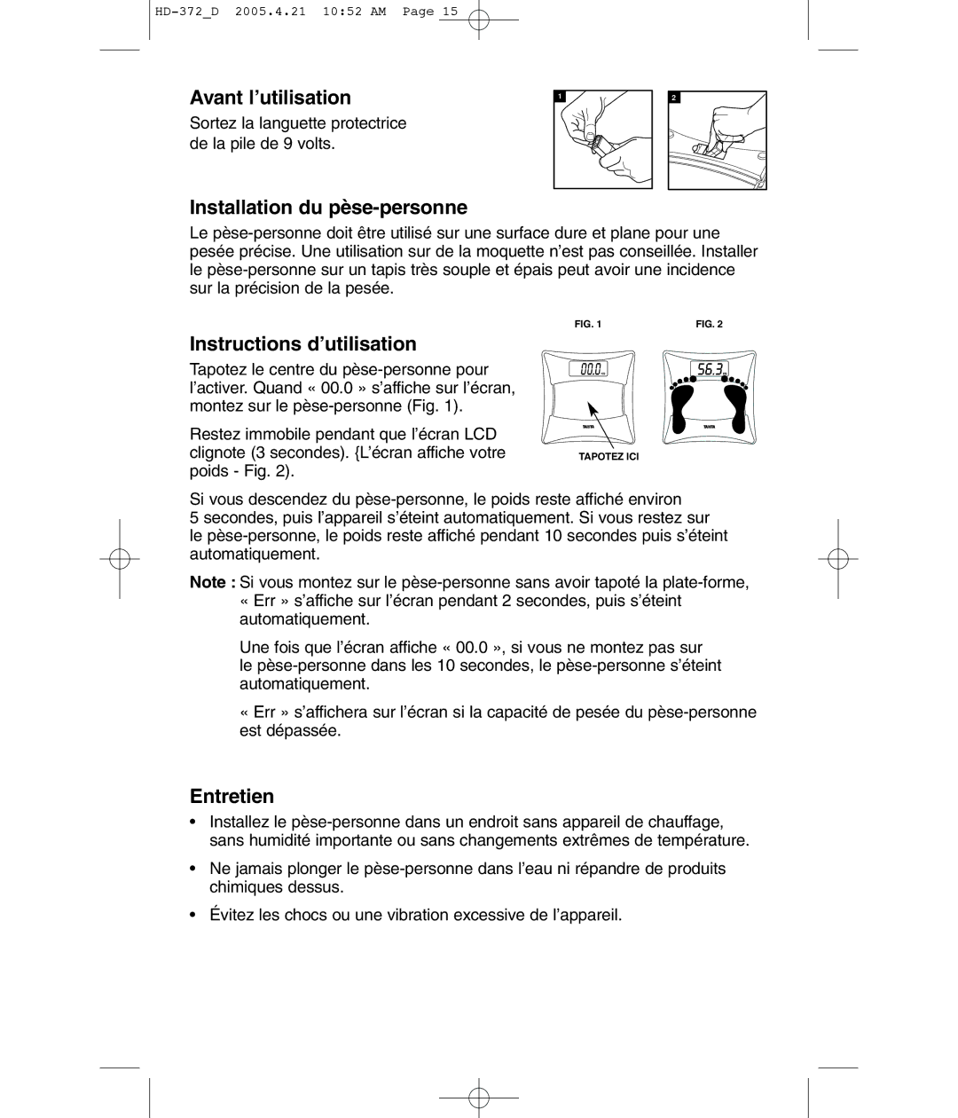 Tanita HD-372F Avant l’utilisation, Installation du pèse-personne, Instructions d’utilisation, Entretien 