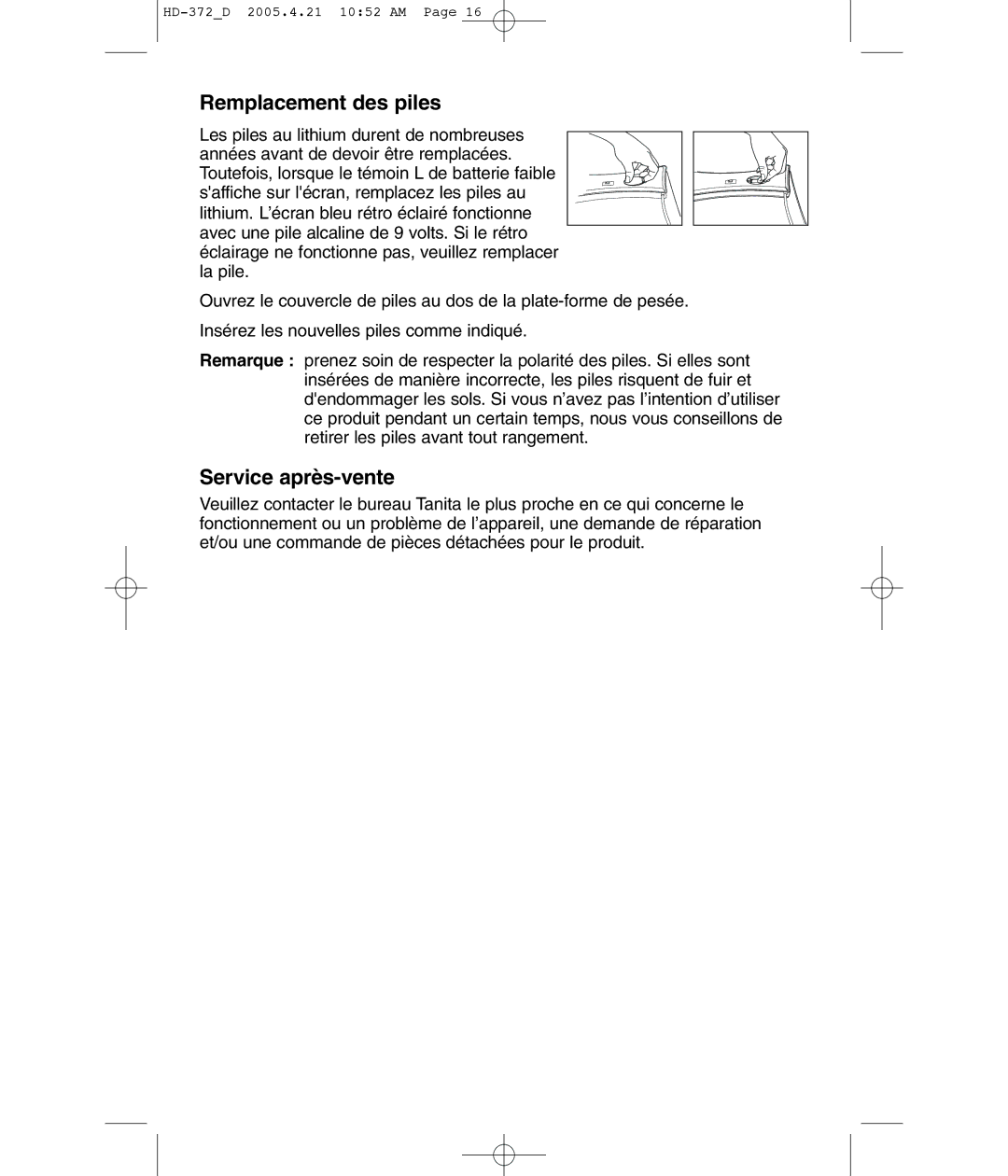 Tanita HD-372F operating instructions Remplacement des piles, Service après-vente 