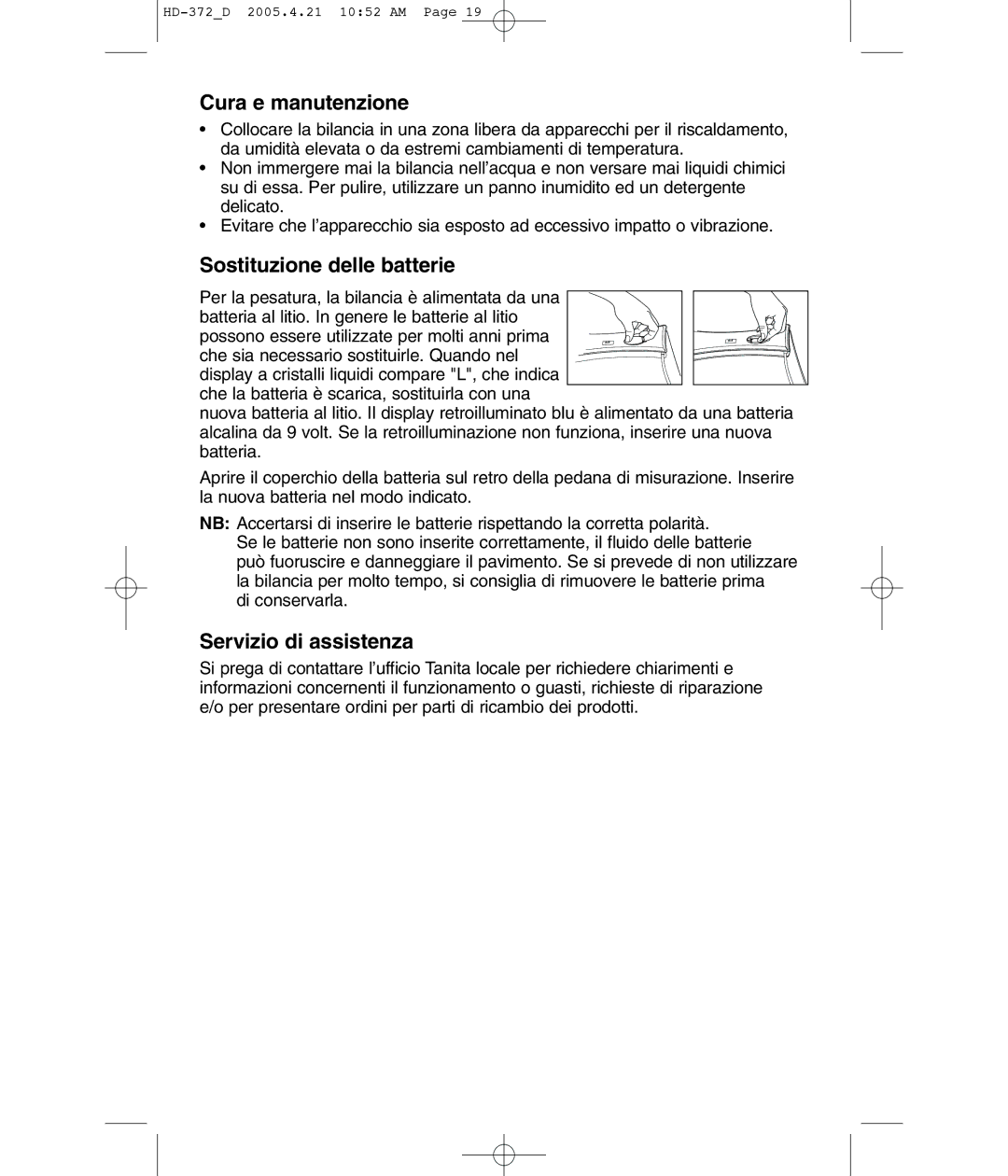 Tanita HD-372F operating instructions Cura e manutenzione, Sostituzione delle batterie, Servizio di assistenza 