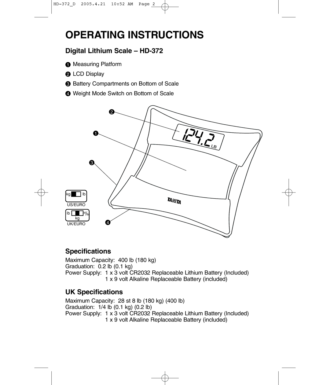 Tanita HD-372F operating instructions Operating Instructions, Digital Lithium Scale HD-372, UK Specifications 