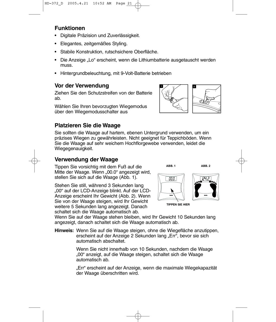 Tanita HD-372F operating instructions Funktionen, Vor der Verwendung, Platzieren Sie die Waage, Verwendung der Waage 