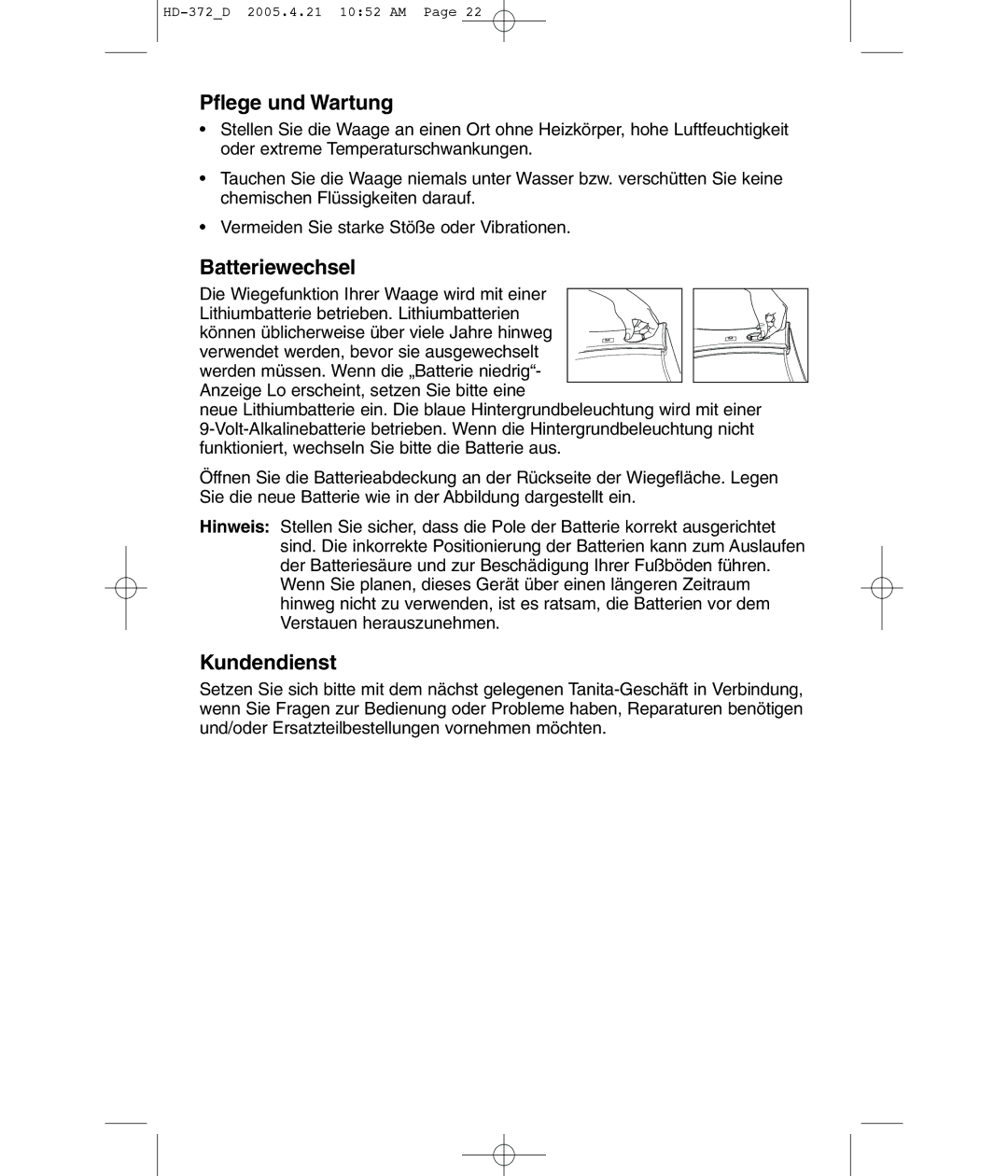 Tanita HD-372F operating instructions Pflege und Wartung, Batteriewechsel, Kundendienst 