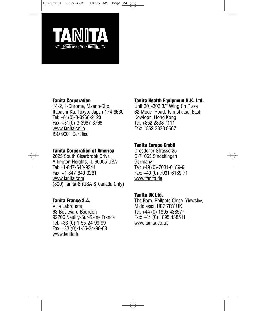 Tanita HD-372F operating instructions Tanita Corporation 