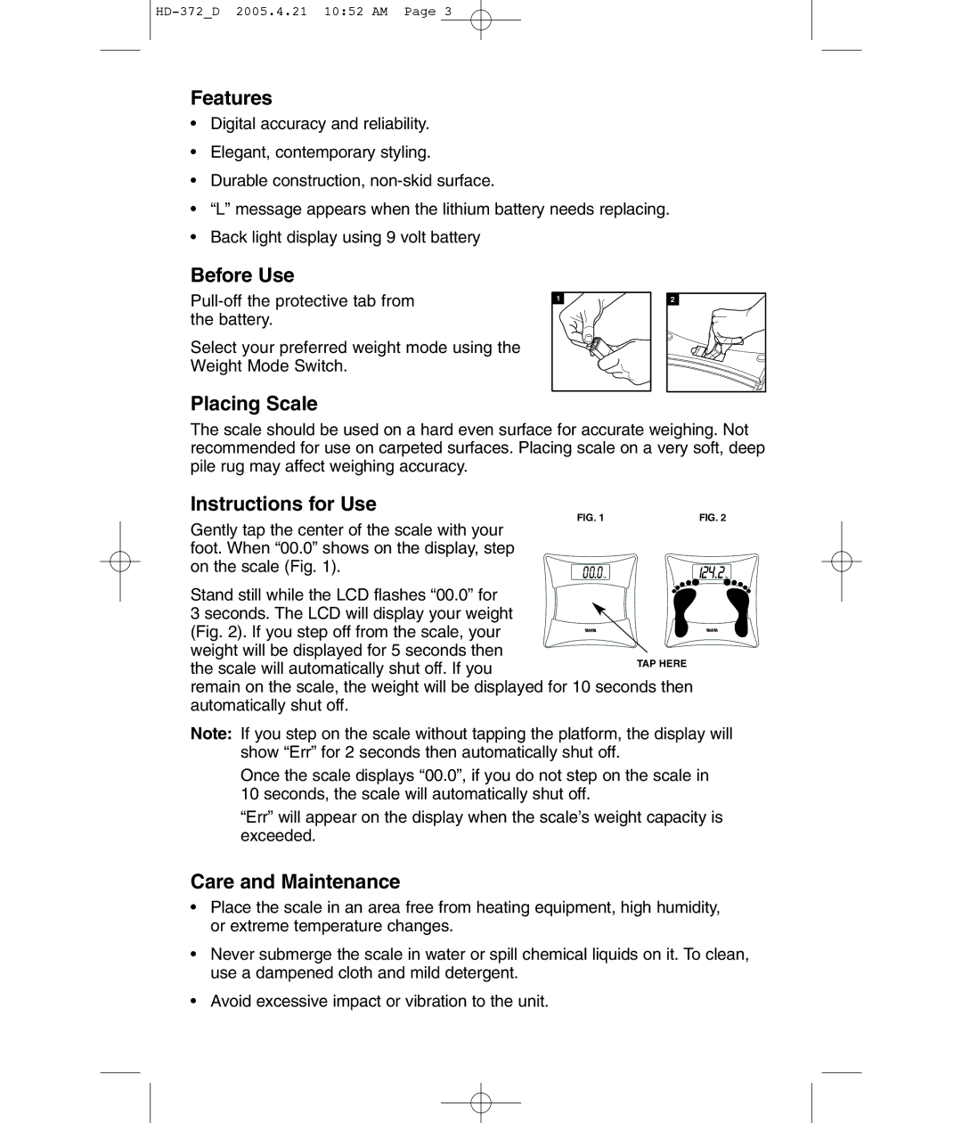 Tanita HD-372F operating instructions Features, Before Use, Placing Scale, Instructions for Use, Care and Maintenance 