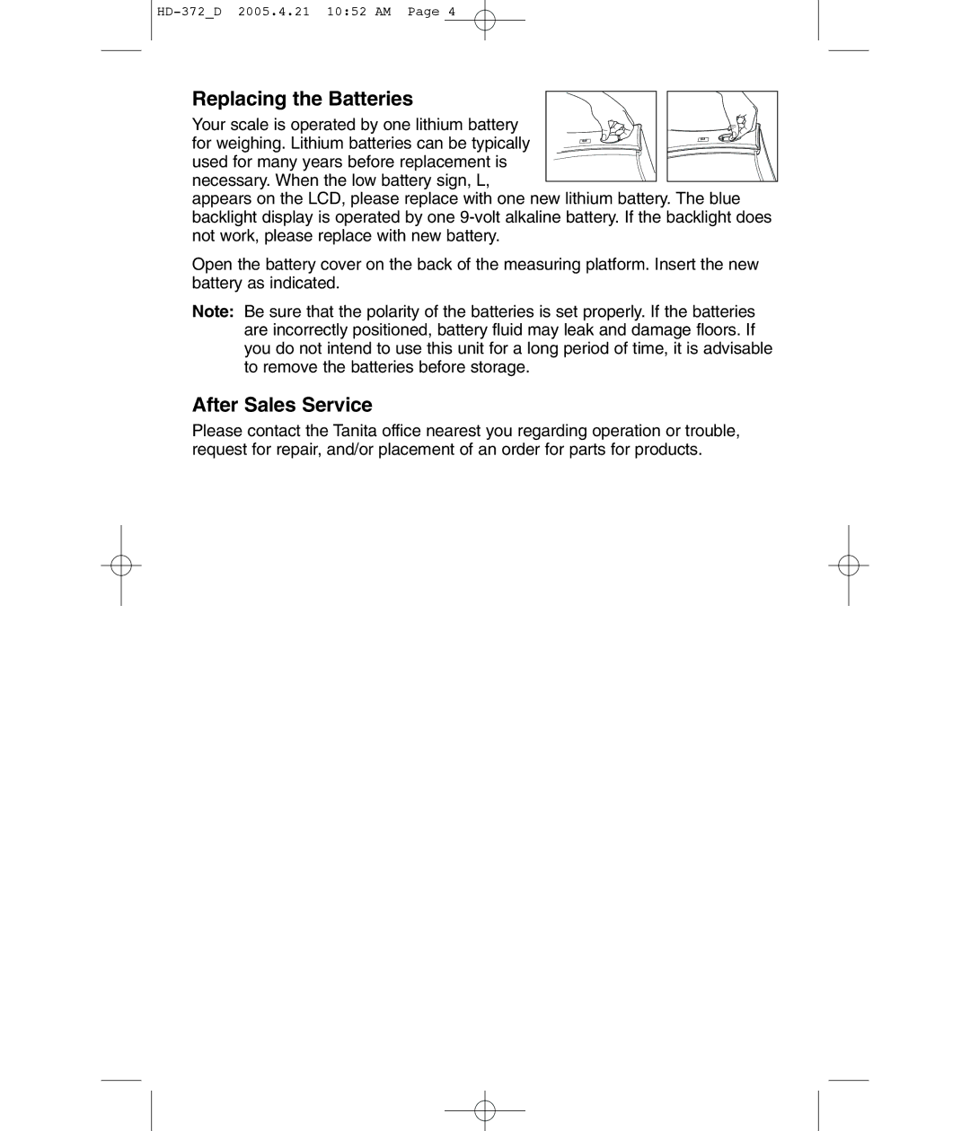 Tanita HD-372F operating instructions Replacing the Batteries, After Sales Service 