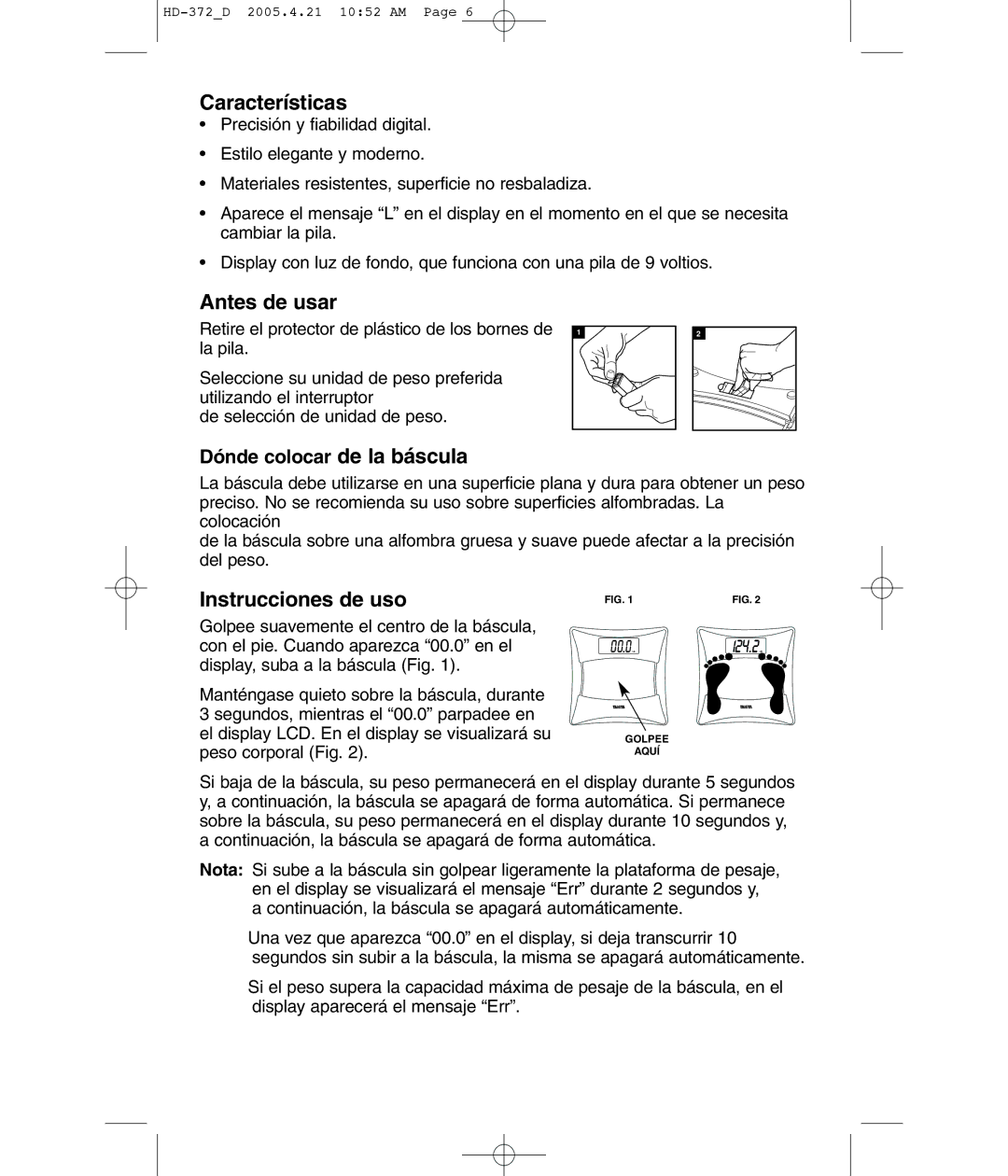 Tanita HD-372F operating instructions Características, Antes de usar, Instrucciones de uso 