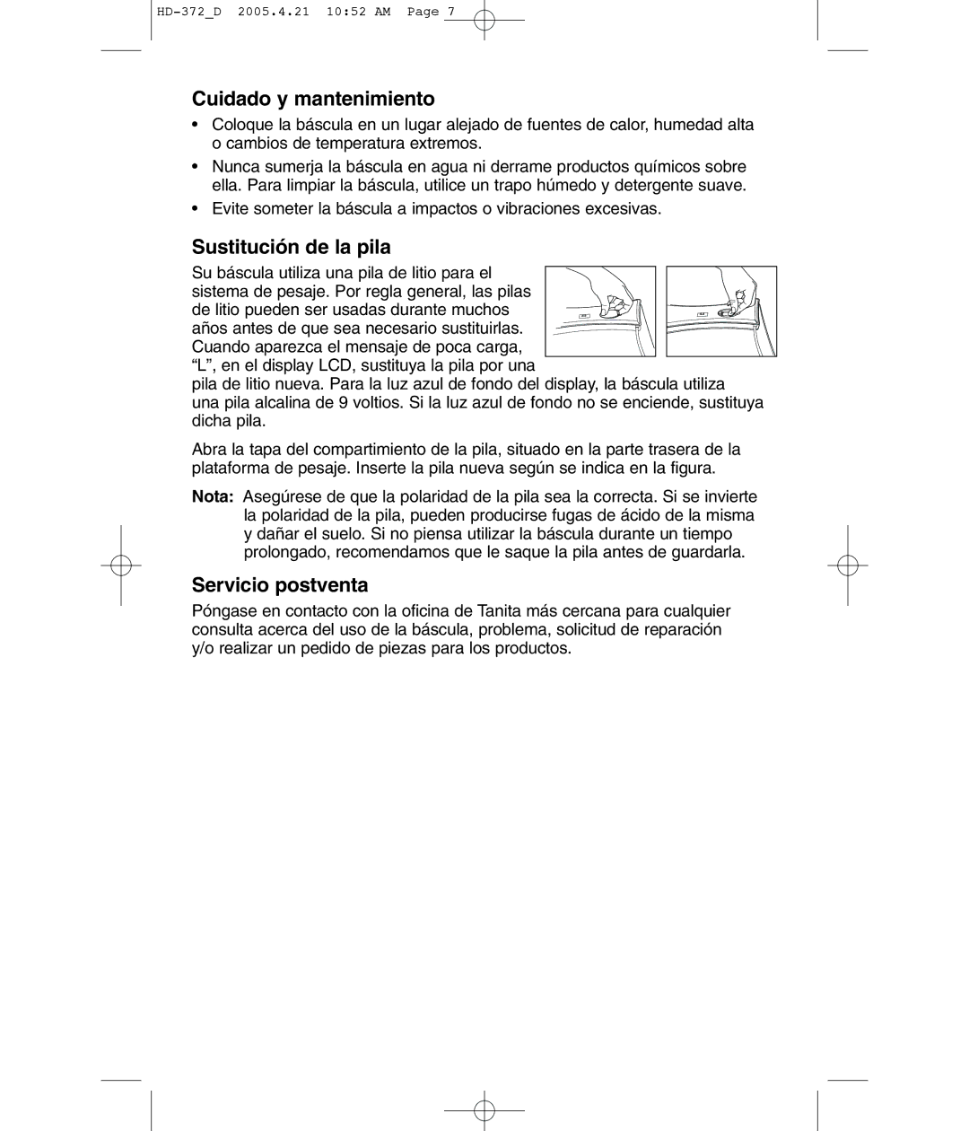 Tanita HD-372F operating instructions Cuidado y mantenimiento, Sustitución de la pila, Servicio postventa 