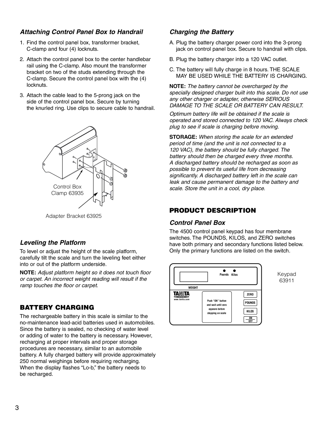 Tanita Model 4500 specifications Attaching Control Panel Box to Handrail, Charging the Battery, Leveling the Platform 