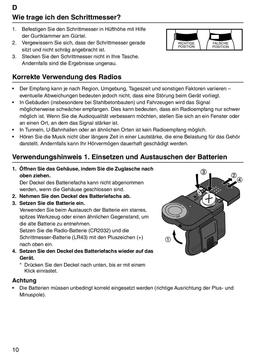 Tanita PD640 instruction manual Wie trage ich den Schrittmesser?, Korrekte Verwendung des Radios 