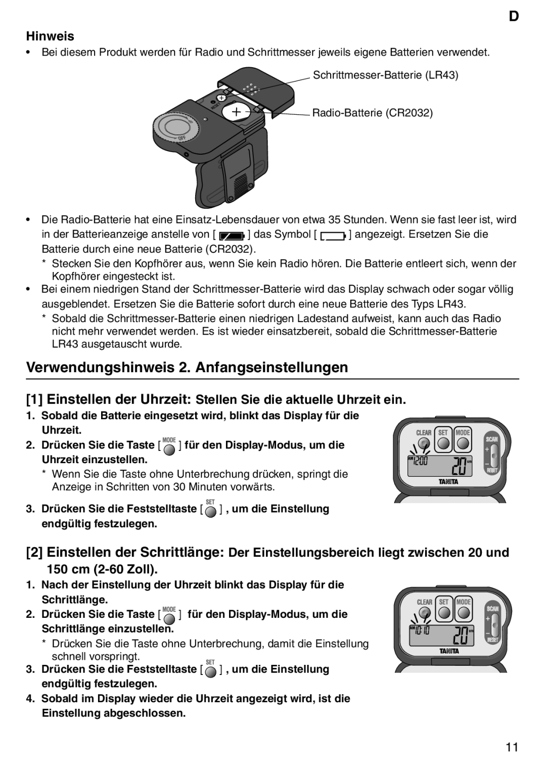 Tanita PD640 instruction manual Verwendungshinweis 2. Anfangseinstellungen, Hinweis 