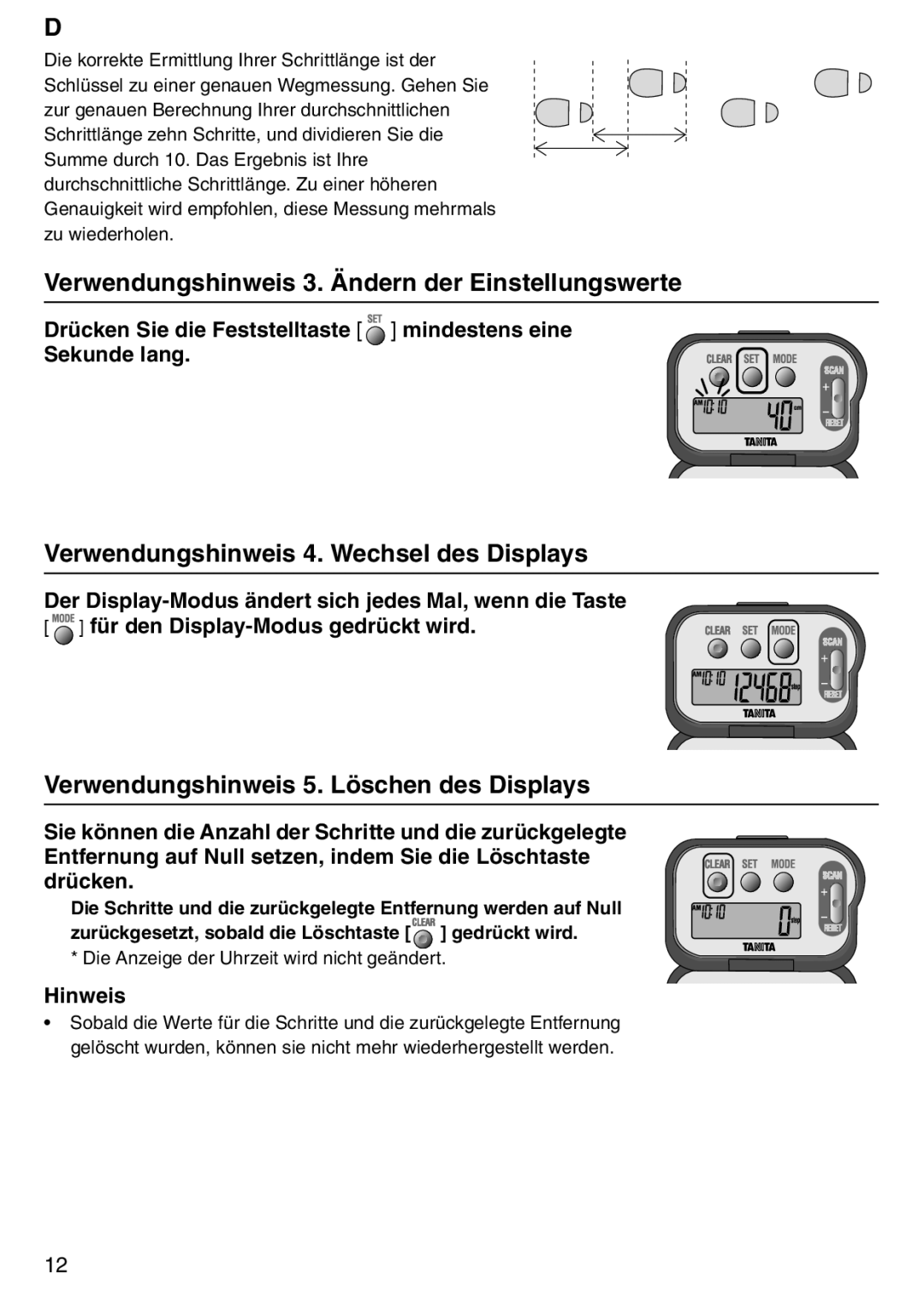 Tanita PD640 Verwendungshinweis 3. Ändern der Einstellungswerte, Verwendungshinweis 4. Wechsel des Displays 