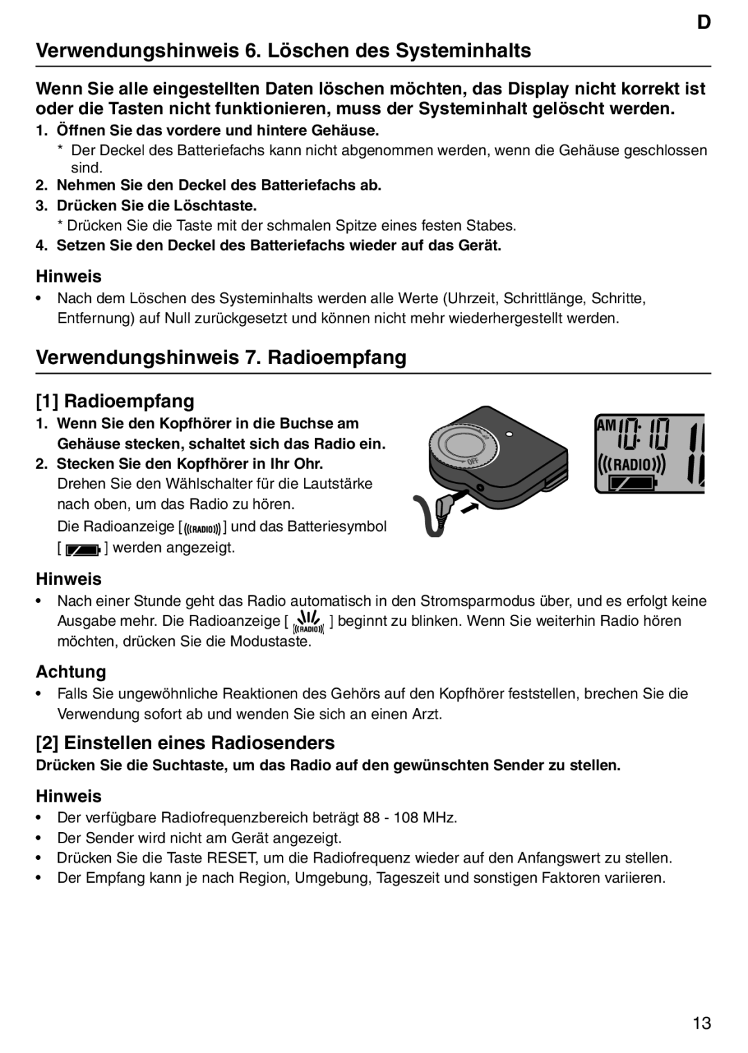 Tanita PD640 instruction manual Verwendungshinweis 6. Löschen des Systeminhalts, Verwendungshinweis 7. Radioempfang 