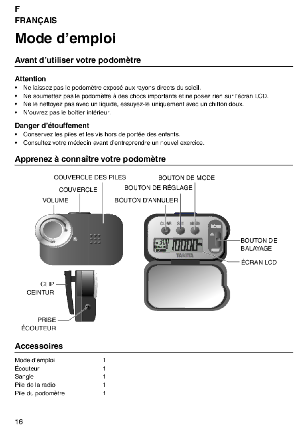 Tanita PD640 instruction manual Avant d’utiliser votre podomètre, Apprenez à connaître votre podomètre, Accessoires 