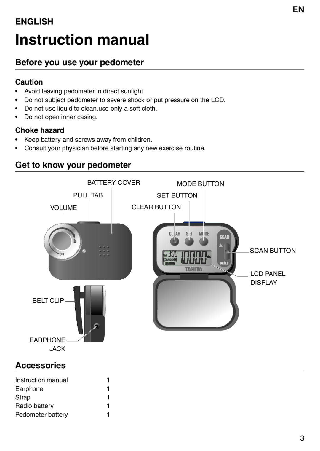 Tanita PD640 instruction manual Before you use your pedometer, Get to know your pedometer, Accessories, Choke hazard 