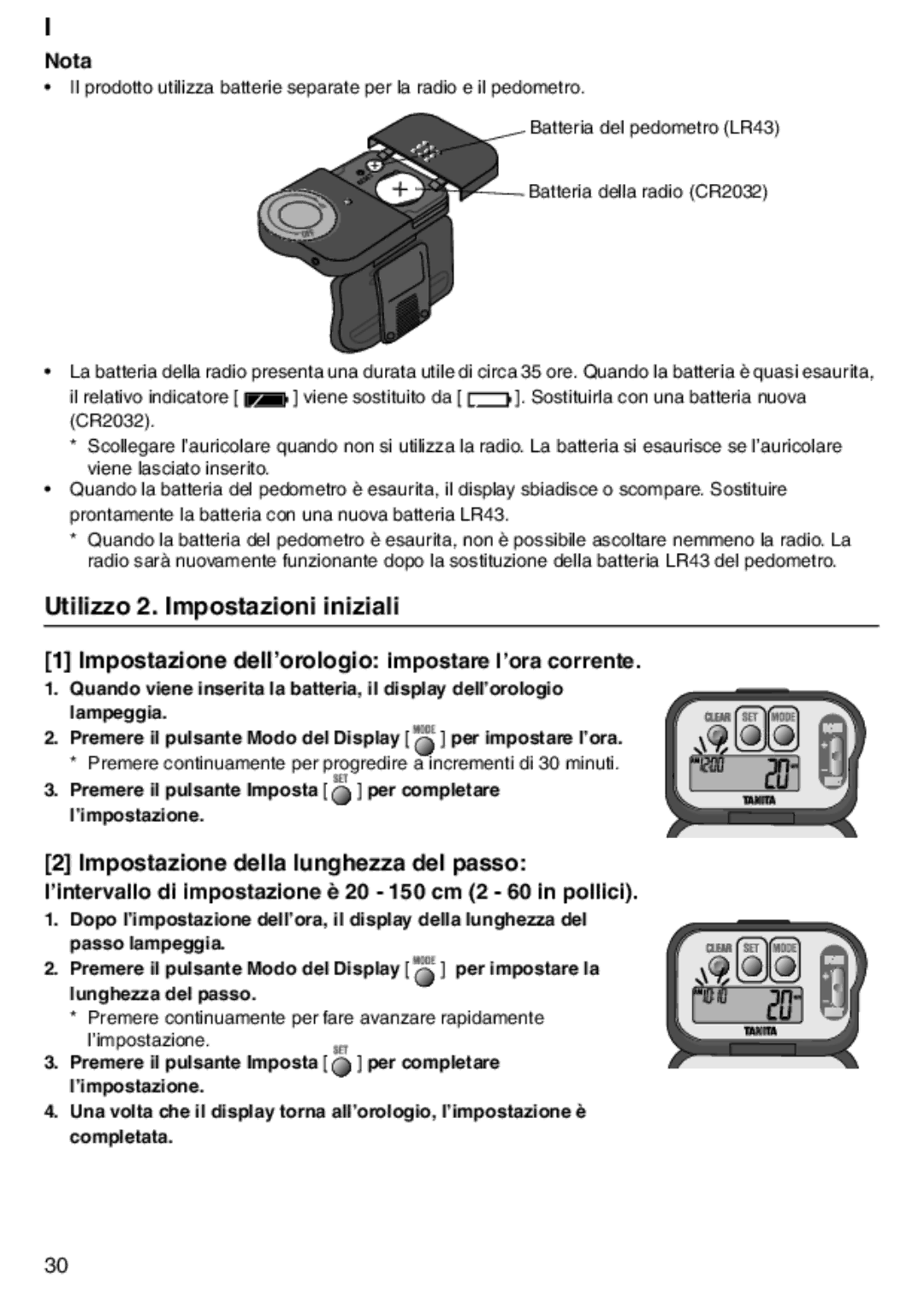 Tanita PD640 Utilizzo 2. Impostazioni iniziali, Impostazione dell’orologio impostare l’ora corrente, Nota 