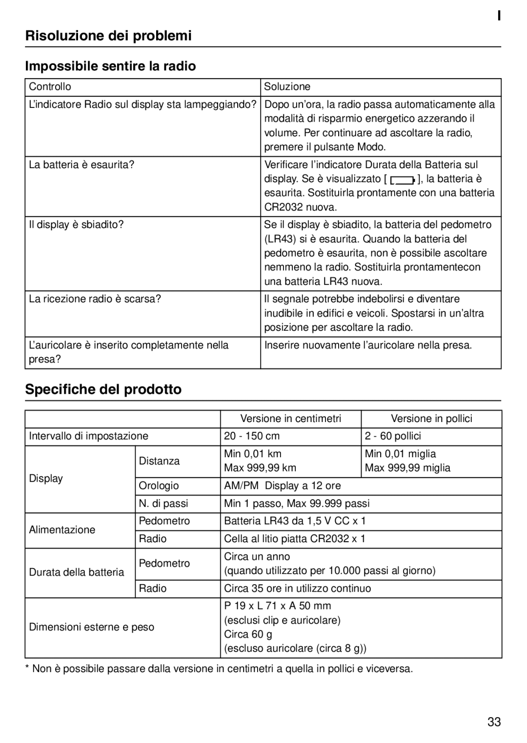 Tanita PD640 instruction manual Risoluzione dei problemi, Specifiche del prodotto, Impossibile sentire la radio 